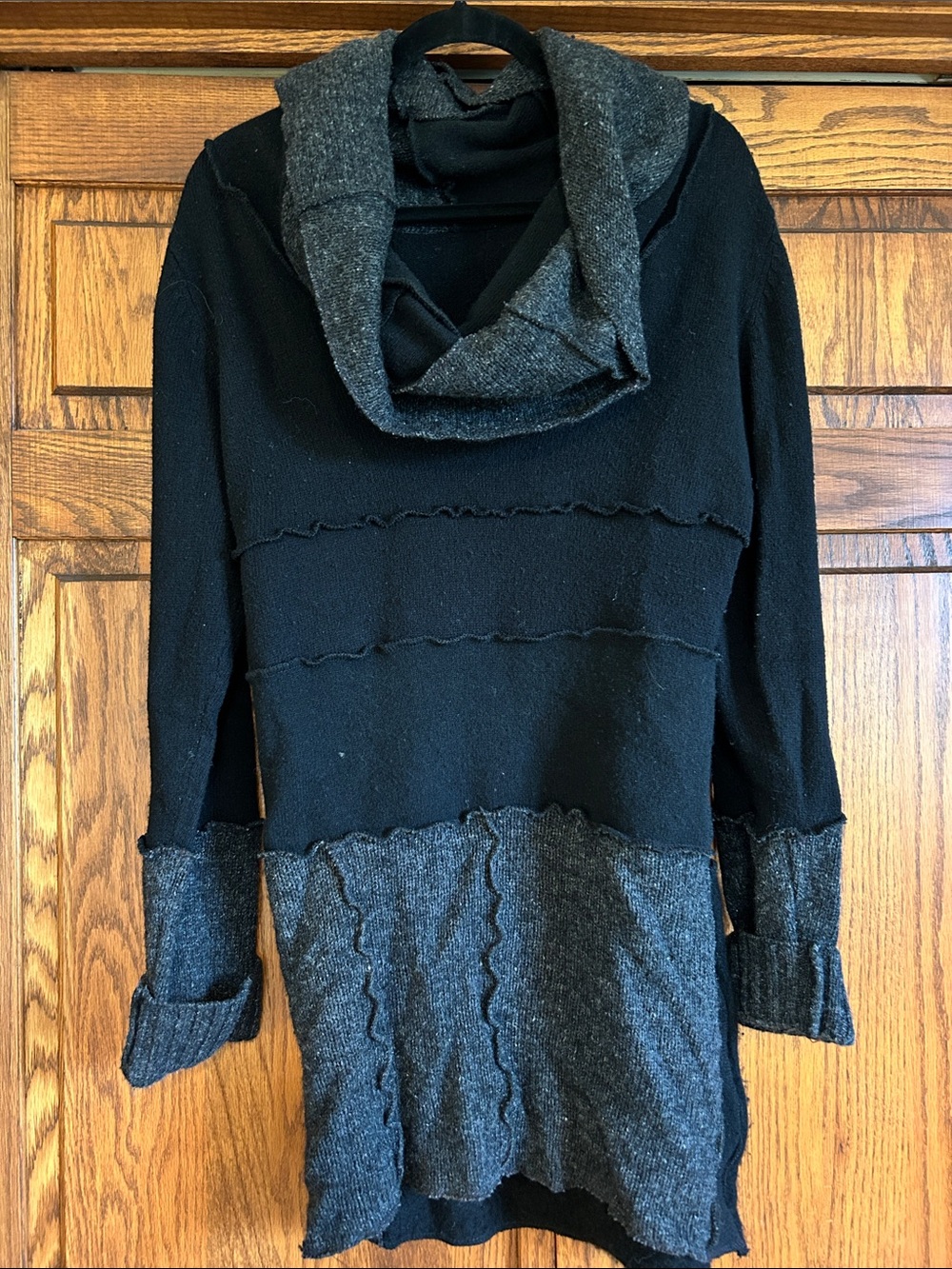 Two-Tone Black and Charcoal Cowl Neck Women's Sweater
